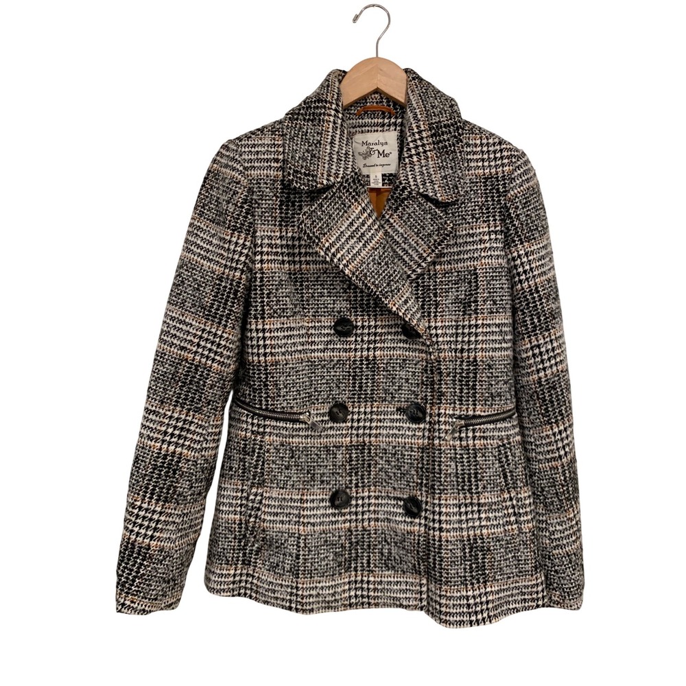 VNTG Maralyn‎ & Me Plaid Pea Coat Dark Academia Tweed Jacket Brown Grey S
